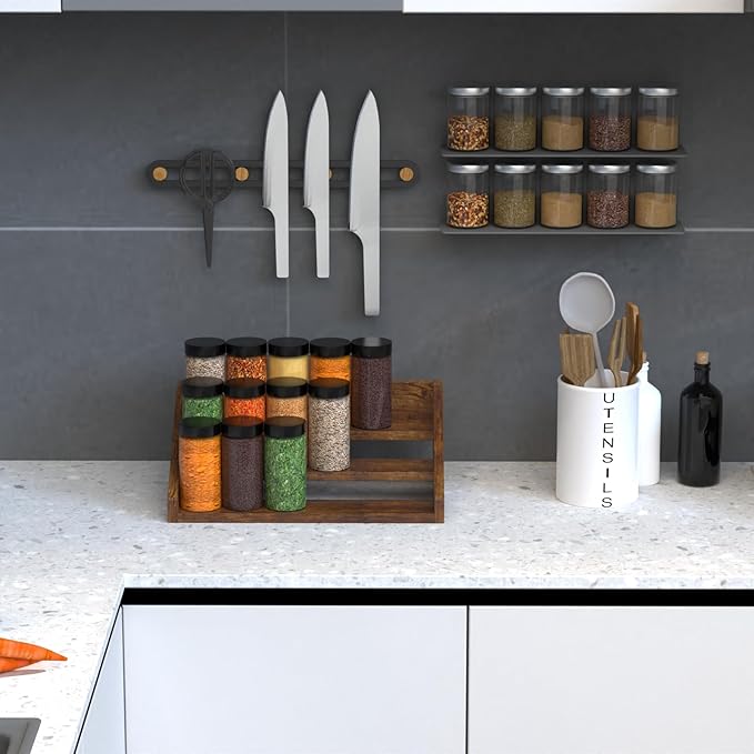3 Tier Wood Spice Rack Organizer for Cabinet, Super Sturdy Display Riser Shelf Seasoning Organizer for Countertop Pantry Cupboard, Retro Storage Holder for Kitchen Condiment Jar Spice Container