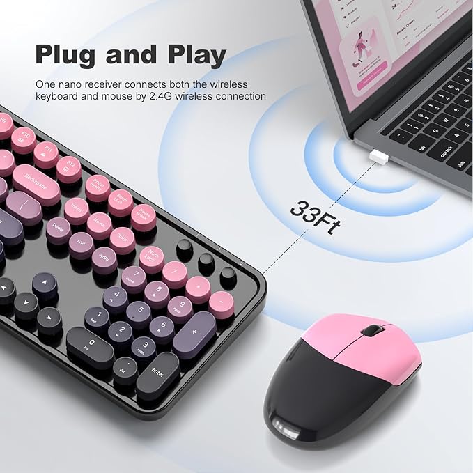 Wireless Keyboard and Mouse Combo, Retro Typewriter Keyboard with Round Keycaps, Full-Size Ergonomic, Ideal for Windows PC, Home, Office, College