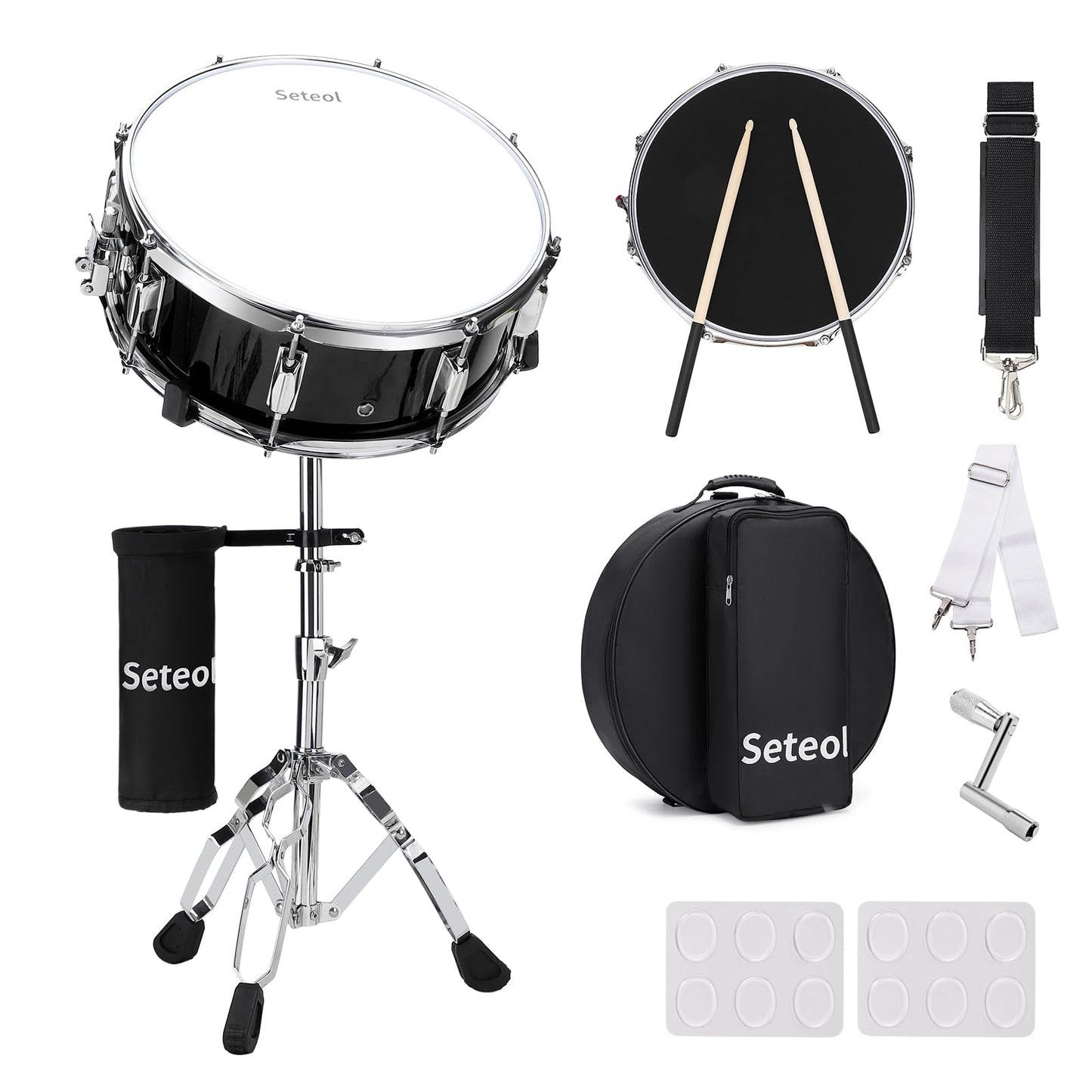 Seteol Snare Drum Set, 14 x 5.5 Marching Snare Drum with Stand & Storage Padded Bag + Silent Mute Pad + Drums Sticks + Drumstick