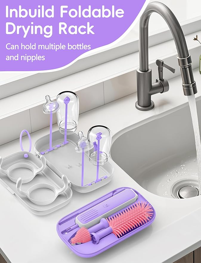Electric Bottle Brush Cleaner, Baby Bottle Brush Travel Set, 360° Efficient Cleaning, Durable 2000 mAh Battery, Travel Bottle Brush Set with Drainage Rack and Storage Box, Baby Travel Essential