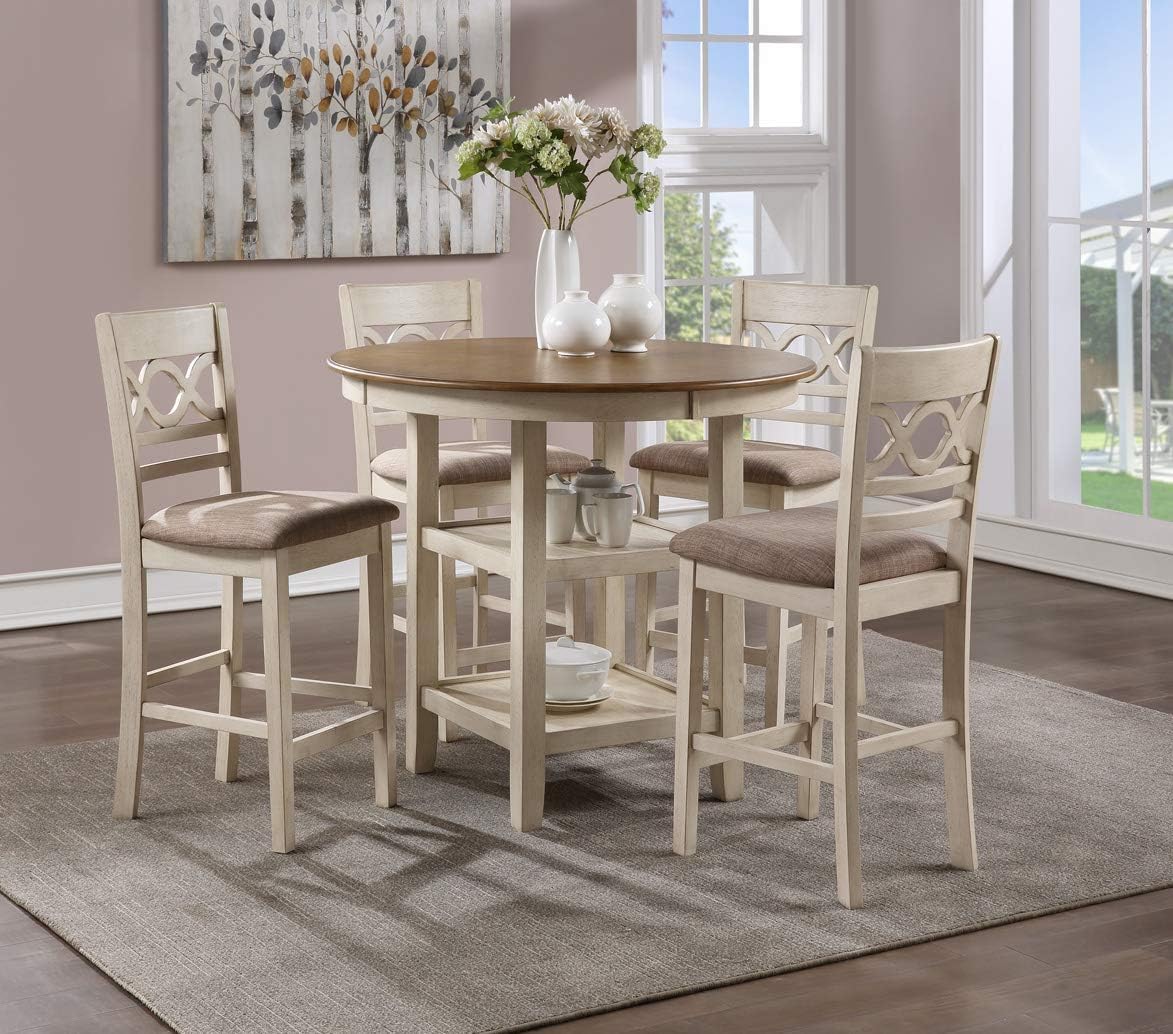 New Classic Furniture Cori 5-Piece Round Counter Dining Set with 1 Dining Table and 4 Chairs, 42-Inch, Beige and Brown