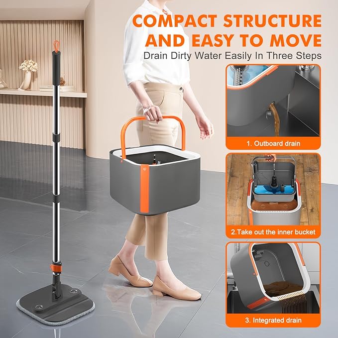 Upgraded Self-Standing Spin Mop and Bucket System, Detachable Inner Mop Bucket Separates Dirty Water & 90° Foldable Head, Triple-Scrub System, 0.9Gal Dual Drainage, for Hardwood Floors (Gray 2 Pads)