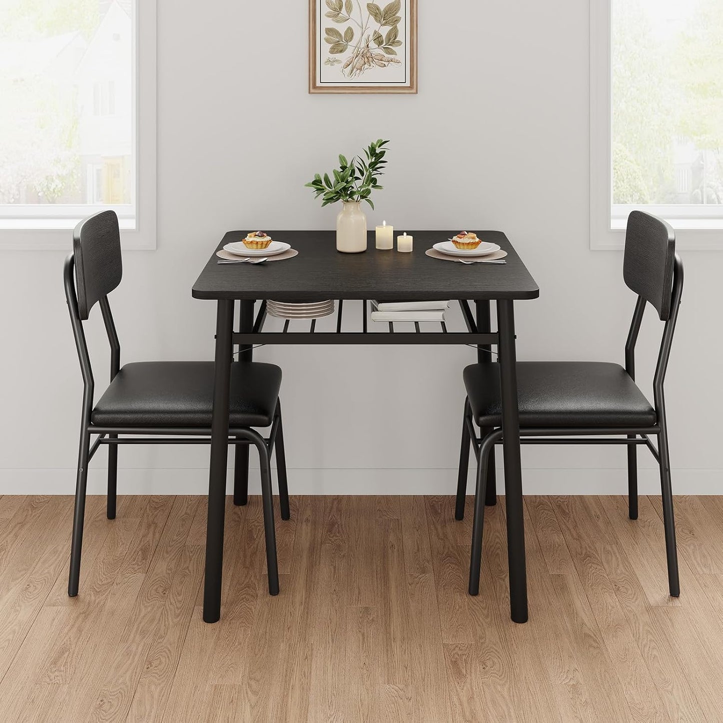 IDEALHOUSE 3-Piece Dining Table Set for 2 with Storage Rack, Wood Kitchen Table with Upholstered Chairs Set of 2, Small Square Table Set with Metal Legs Support, for Dining Room, Living Room
