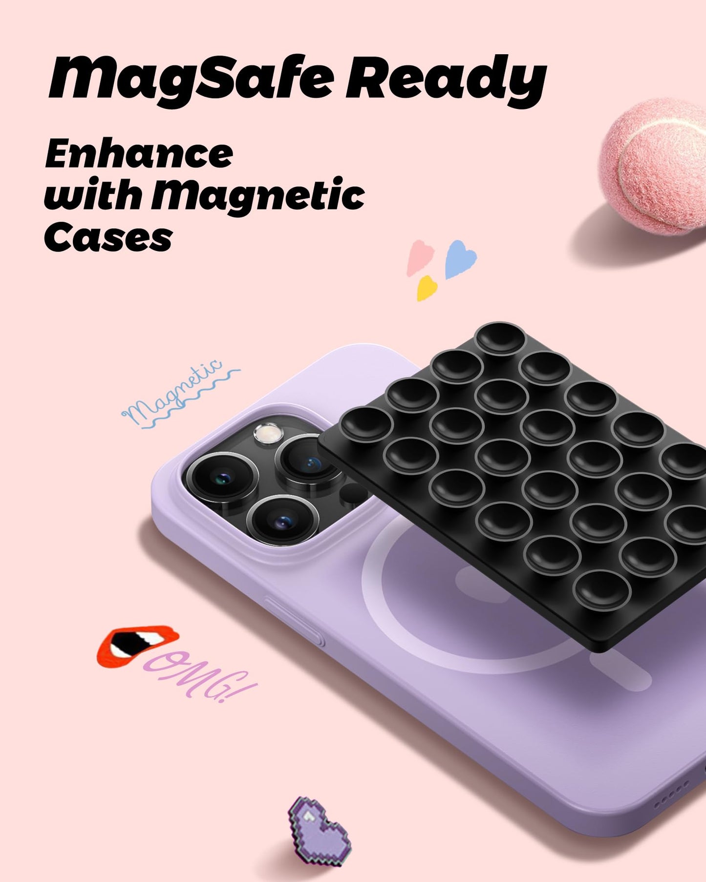 amBand Magnetic Sticky Phone Suction Grip for MagSafe - Silicone, 2 x 3 x 0.3 in, Black, Model MagS, Compatible with iPhone 12-17 Series