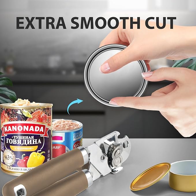 Can Opener Manual, Heavy Duty Handheld Strong Can Opener with Soft Touch Handle, Sharp Blade Smooth Edge, Can Openers with Multifunctional Bottle Opener, Coffee