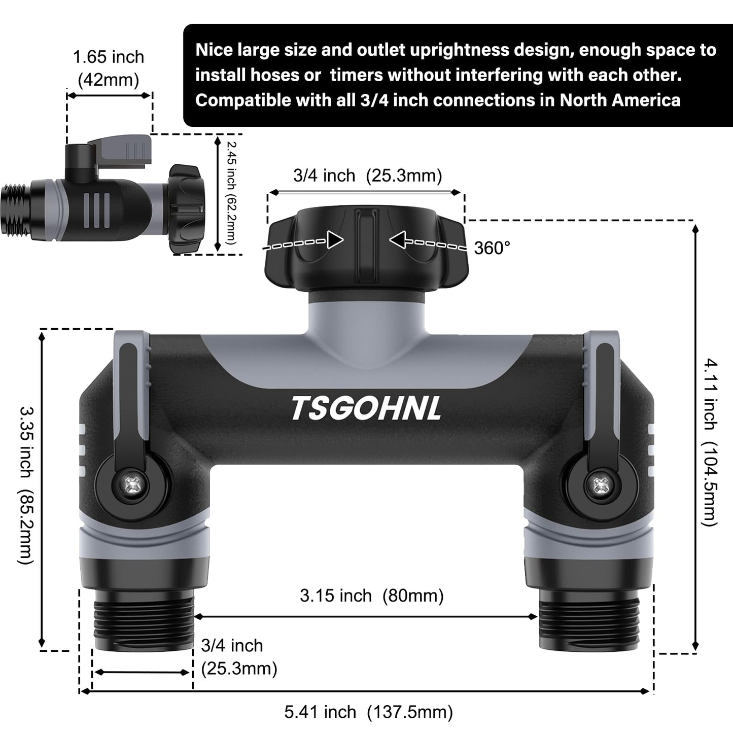 Yayamz Garden Hose Splitter, 3/4-Inch Hose Manifold, Outdoor Faucet Adapter - Soft TPR Covering - Lightweight Non-Slip Sun-Resistant 2-Way Valve（Gray）