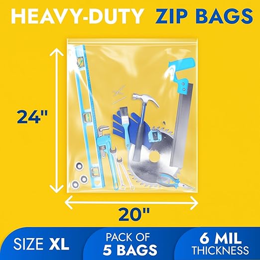 20" x 24" Extra Large Zip Seal Lock Bags, 6 Mil (Pack of 5) – Heavy-Duty Reclosable Plastic Bags – Clear, Resealable, Waterproof – For Storing and Organizing Clothes, Jewelry, and Travel