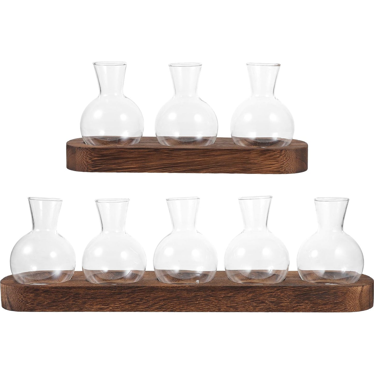 Toyvian Glass Plant Vase Set with Wooden Base, Hydroponic Terrarium for Indoor Greenery, Desktop Decorative Flower Vases for Office and Living Room (3 Bottles + 5 Bottles)
