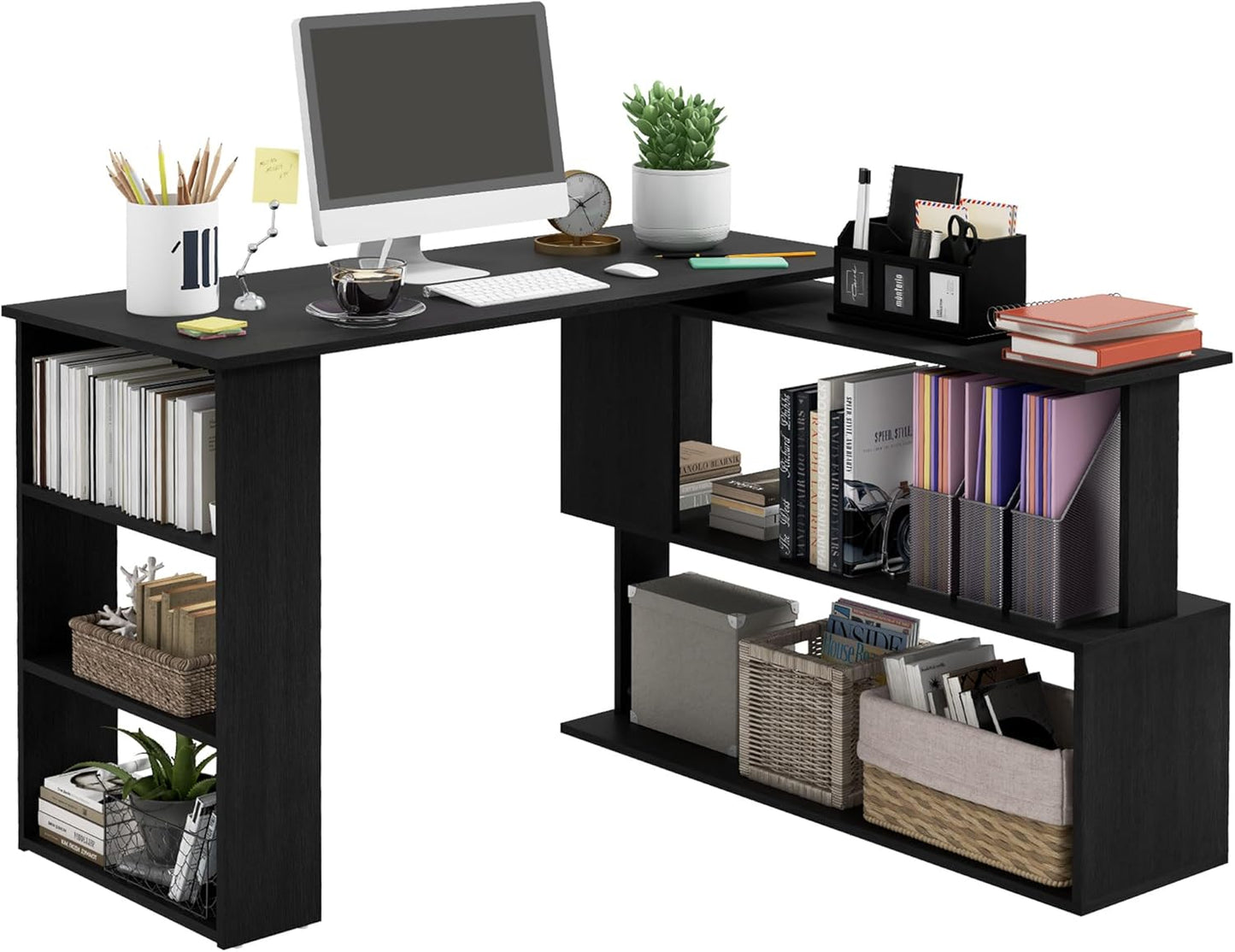 HOMCOM L Shaped Desk, Corner Computer Desk, 360 Degree Rotating Home Office Desk with Storage Shelves, Writing Table Workstation, Black