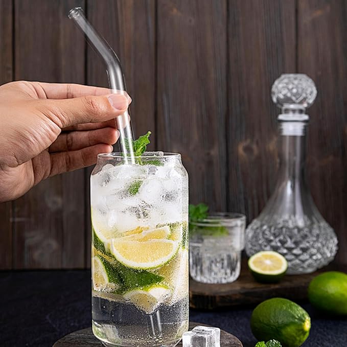 Lazycorner Reusable Glass Straws Set 16 Pcs 8.5''x 10MM Bent Straight Clear Glass Drinking Straws Set of 8 Straight and 8 Bent with 4 Cleaning Brushes Perfect For Smoothies, Tea, Juice-Clear Cocktail.
