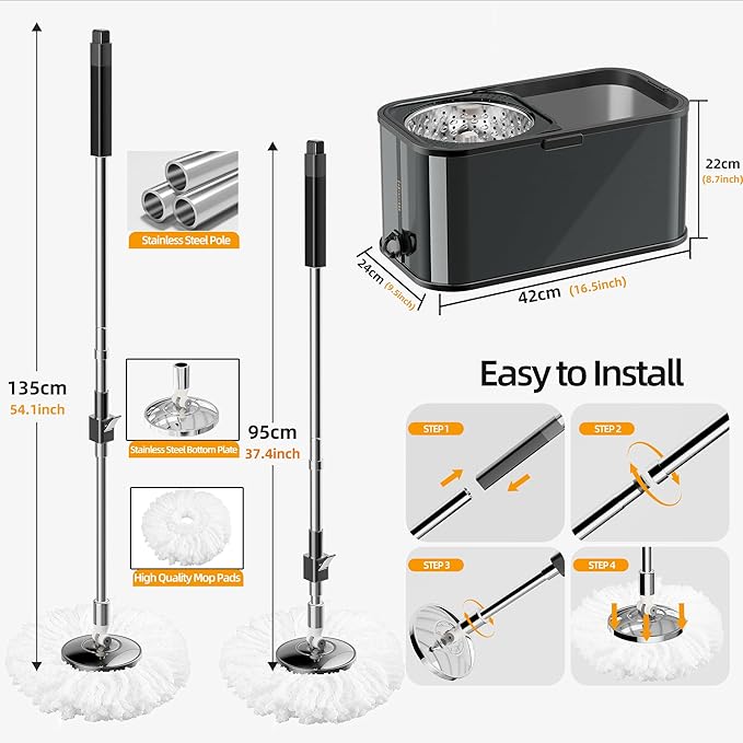 Stainless Steel Spin Mop and Bucket with Wringer Set for Home,360° Mop and Bucket with Separate Clean and Dirty Water,Wet Dust Mop for Floor Cleaning with Extra Refills (Black)