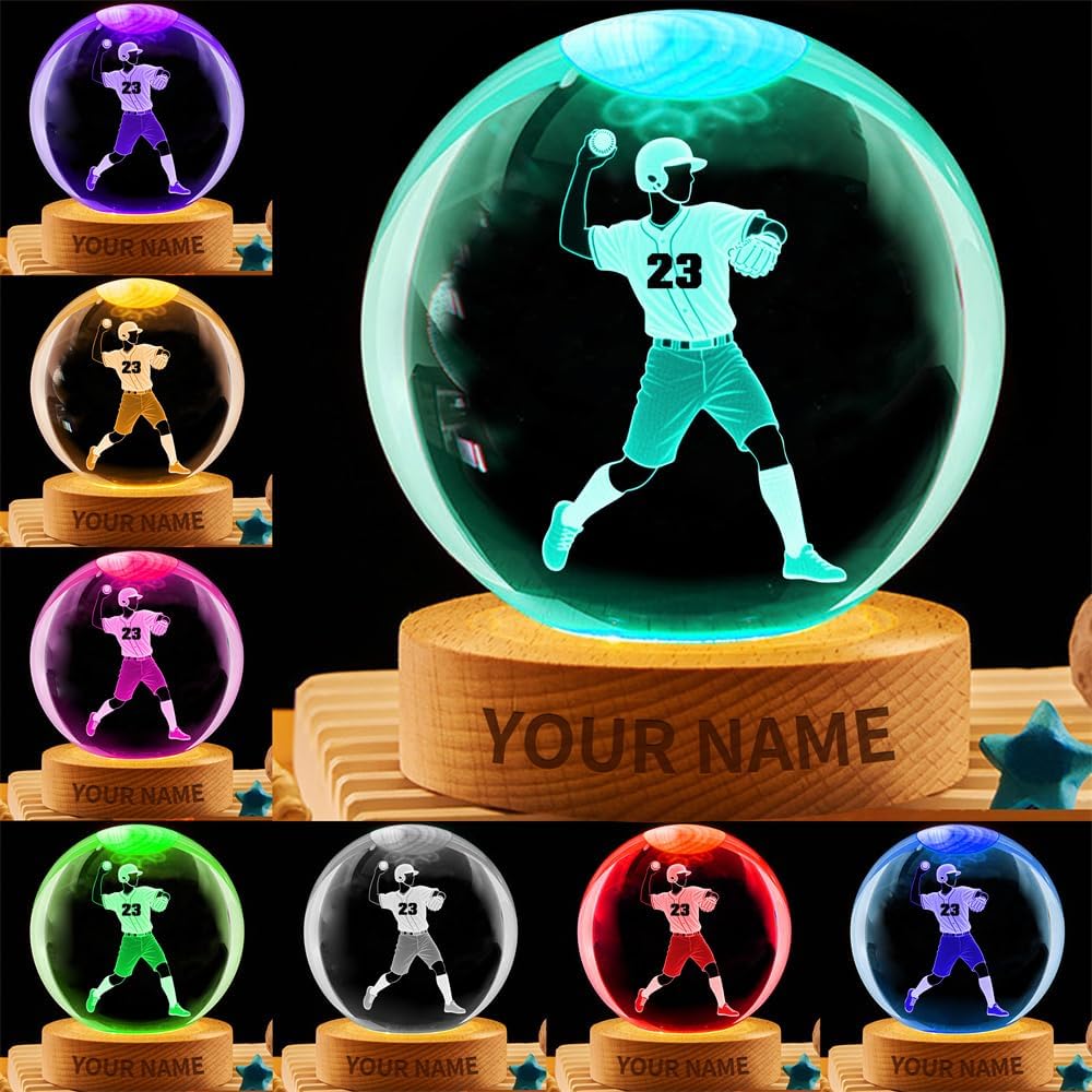 Personalized Baseball Crystal Night Light Gift for Men Women, Custom Name/Number Baseball Player 3D Crystal Ball Night Light Lamp for Bedroom Room Sports Decor Party Bar Christmas Birthday Gift