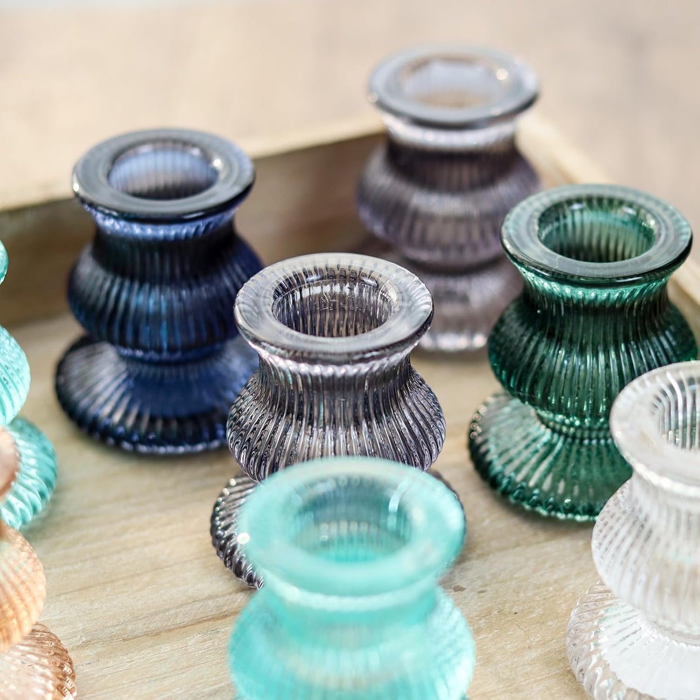 WDHODEC Christmas Taper Candle Holders 12PCS Glass Candlestick Holders for Table Centerpiece Colorful Candle Sticks for Wedding, Party and Winter Decoration(Blue&Green)