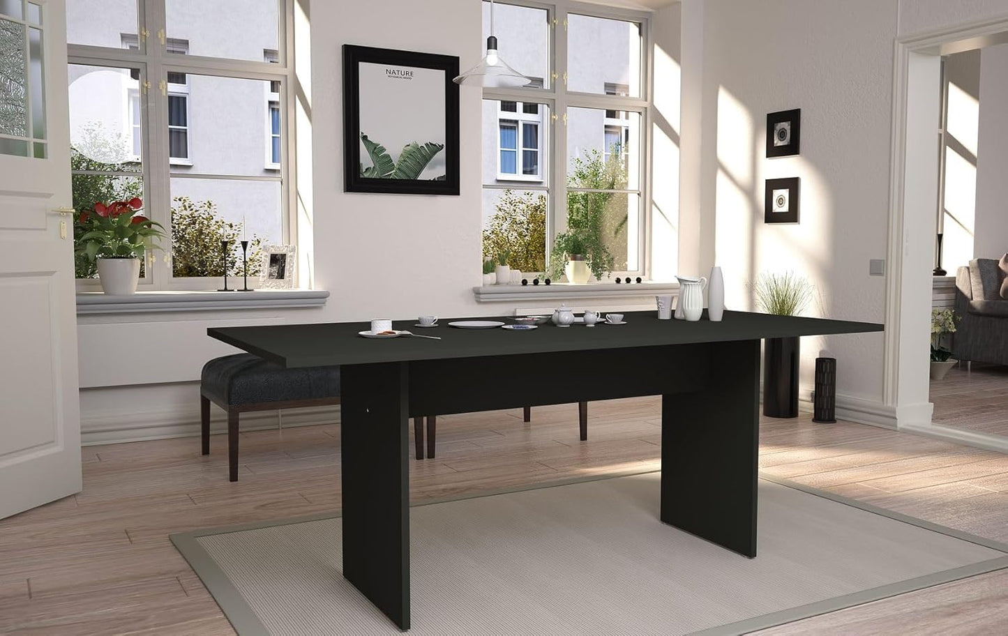Manhattan Comfort Nomad Dining Table for 4 to 6, Modern Rustic Farmhouse Statement Furniture Piece with Protouch Wood Grain Finish, Sturdy H-Base Pedestal Design, Easy Assembly, 67.91", Grey