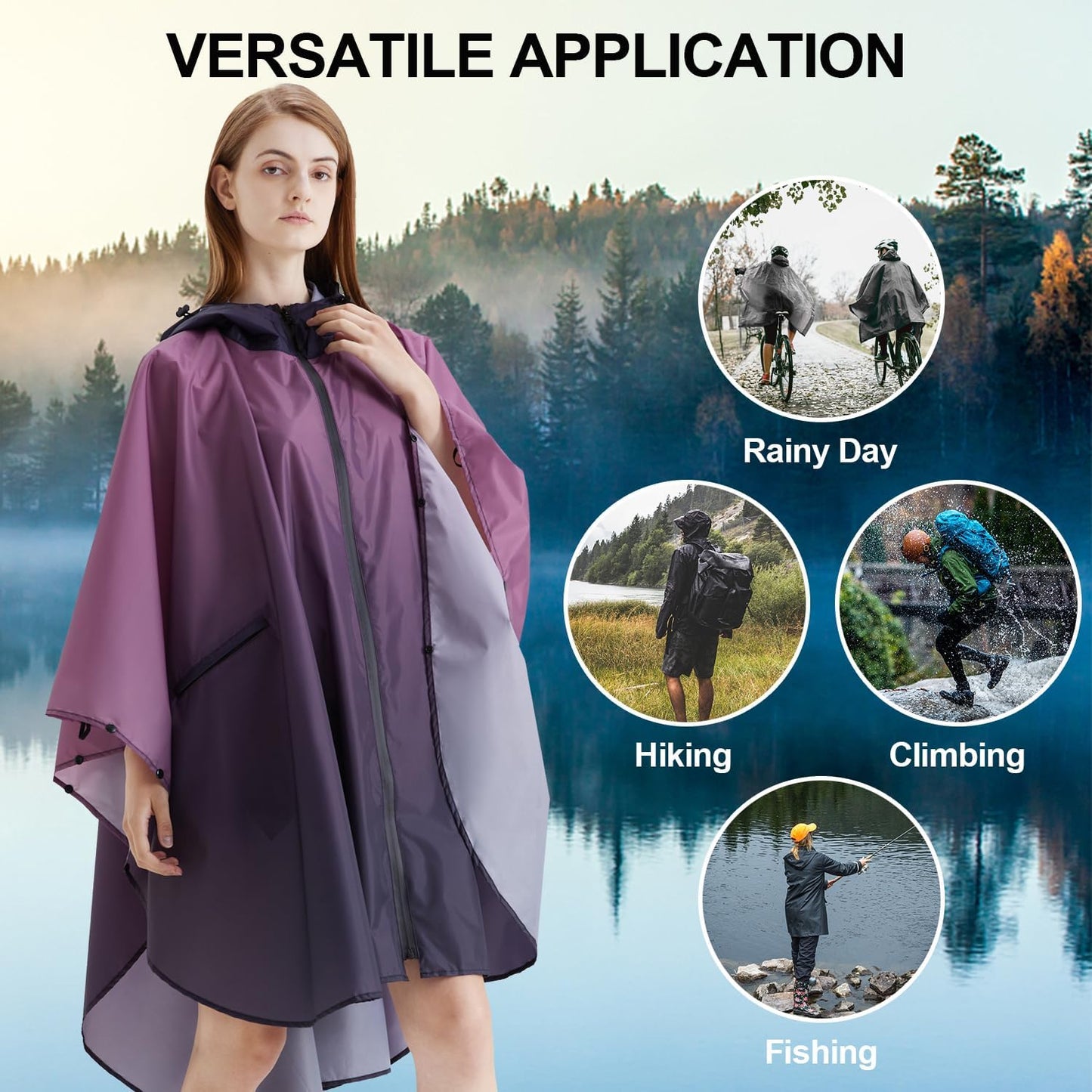 Rain Poncho Jacket Coat Hooded Zipper Style for Women/Men/Adult with Pocket