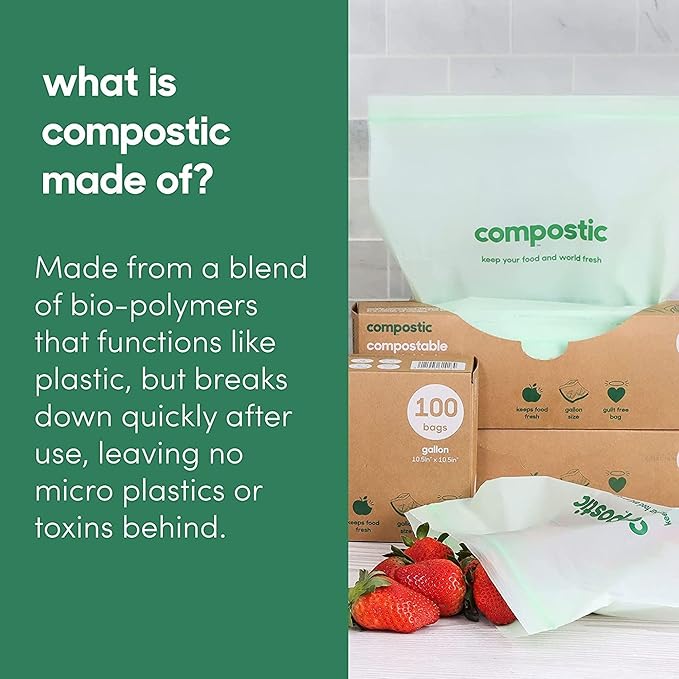 Compostic Home Compostable Resealable Snack Bags (6"x 3.5"), Microwave & Freezer Safe, Organic Food Storage Container, 200 Count