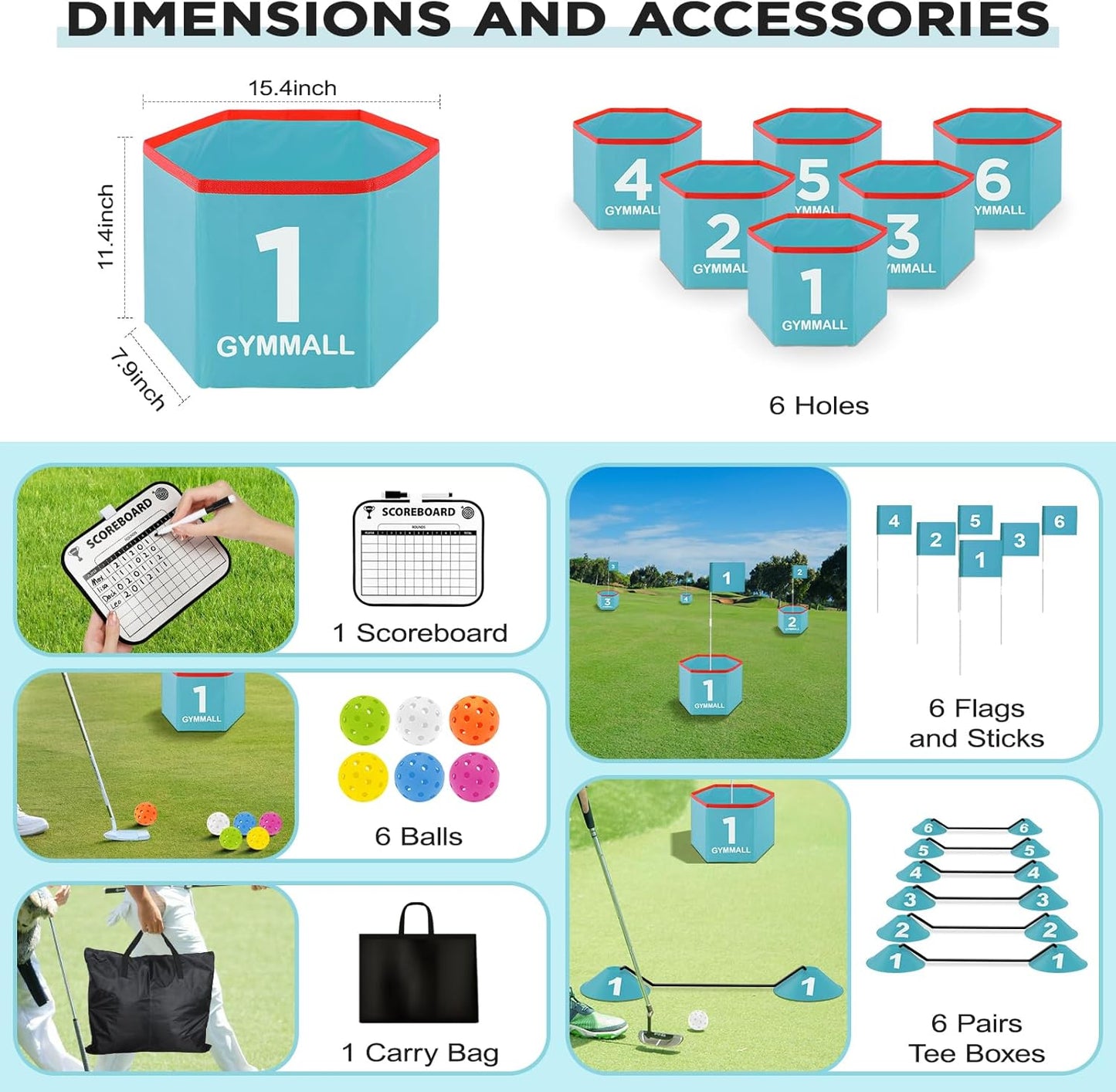 Golf Bucket Yard Game, Backyard Golf Set for Kids, Adults and Family, Outdoor and Indoor Portable 6 Holes Golf Course with Balls, Flags and Carry Bag for Lawn, Park, Beach and Hotel - Blue