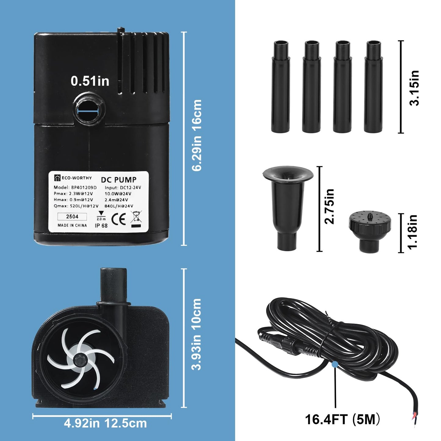 ECO-WORTHY 216 GPH Solar Powered Water Fountain Pump Upgraded Dry-run Protection Brushless Submersible Pump 12V-24V DC with 16.4ft(5M) Power Cord, 7.8 ft High Lift，2Nozzles for Pond, Aquarium