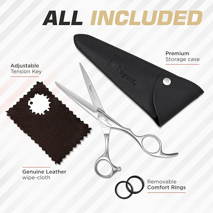 Professional Hair Scissors 5 Inch with Extremely Sharp Blades, 440C Steel Hair Cutting Scissors, Durable, Smooth Motion & Fine Cut, Barber Scissors with Elegant Sheath, Cleaning Leather & Key