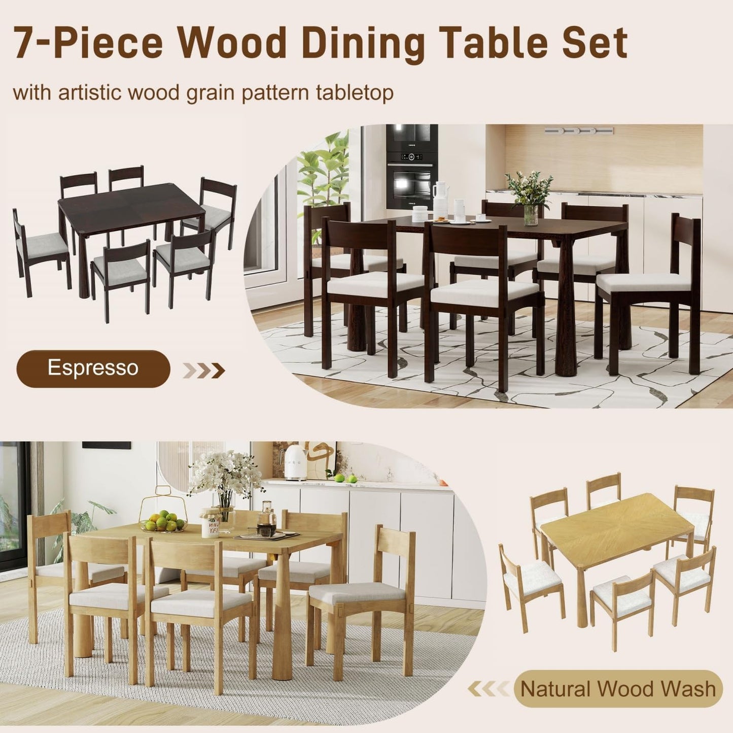 Dining Table with Chairs Set of 6, 7-Piece 60" Farmhouse Rectangular Dining Room Table with 6 Upholstered Solid Wood Chairs, Space Saving Kitchen Tables for Small Place, Natural Rubber Wood