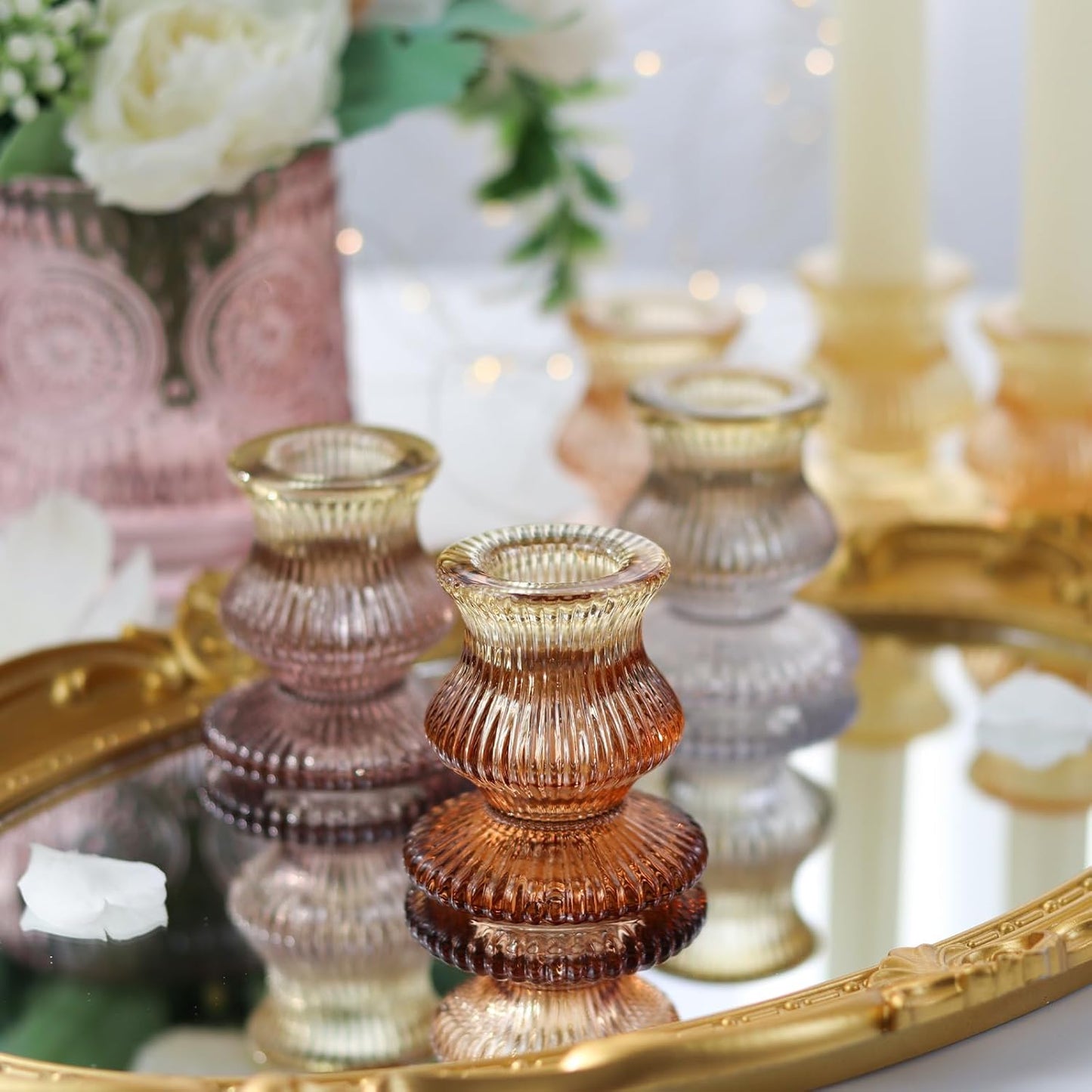 WDHODEC Orange Candlestick Candle Holders 12PCS Glass Taper Candle Holders for Table Centerpiece Colorful Gradient Candle Sticks for Wedding, Party and Festival Decoration
