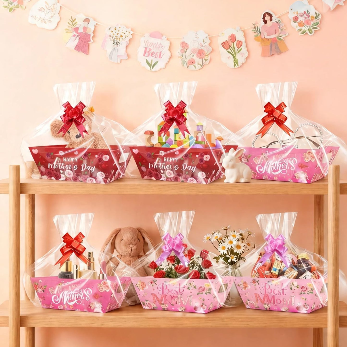 CMSSHUAI 12 Pcs Mothers Day Gift Baskets Empty to Fill Kit DIY Basket for Gifts Empty Bulk 12 Tray Favor 12 Clear Basket Bags 12 Bows for Mom Birthday Party