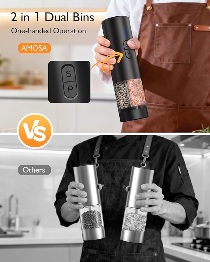 Electric Salt and Pepper Grinder Set, 2 in 1 Dual Bins USB Rechargeable Refillable Automatic Salt and Pepper Mill Shaker with LED Light, Dual Ceramic Grinder Adjustable Coarseness, House Warming Gift