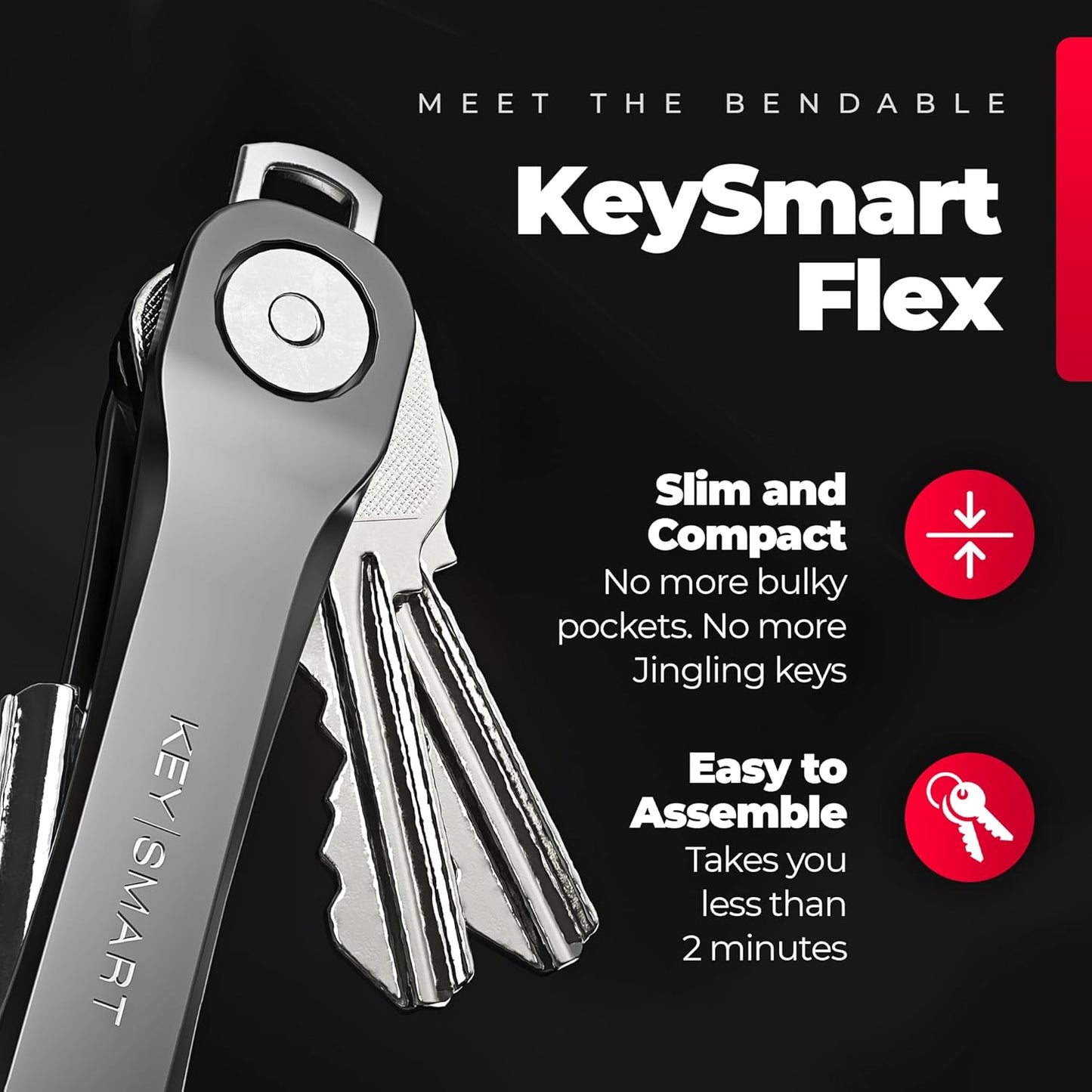 KEYSMART Key Holder for Keychain - Compact Key Organizer for Key Chain, Minimalist Clutter-Free EDC Keychains, Key Ring for Car Fobs Key Chains, Expandable (Up to 8 Keys, Black 2-Pack)