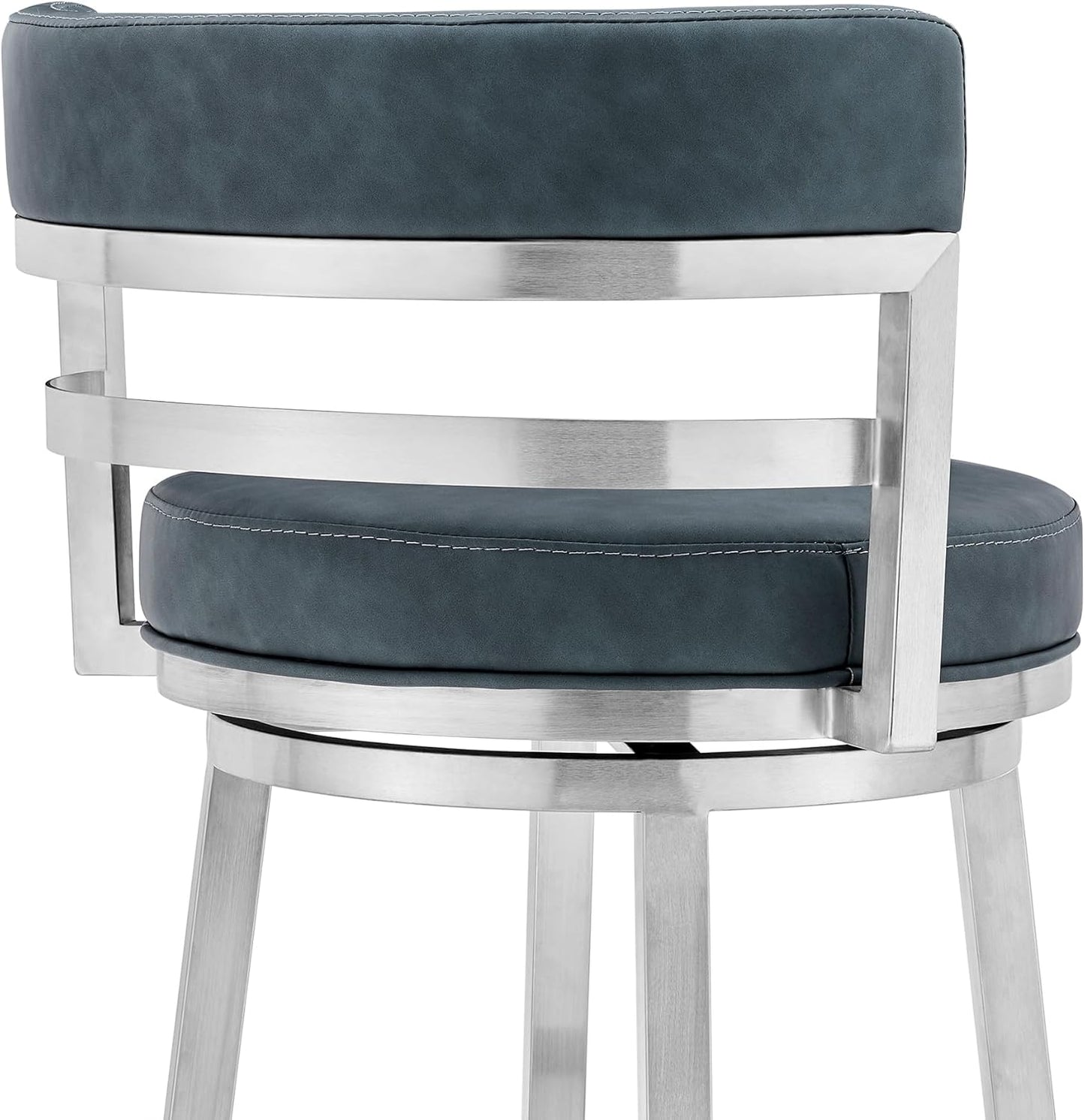 Armen Living Madrid 26" Seat Height Swivel Modern Blue Faux Leather and Brushed Stainless Steel Bar Stool for Kitchen Island Counter