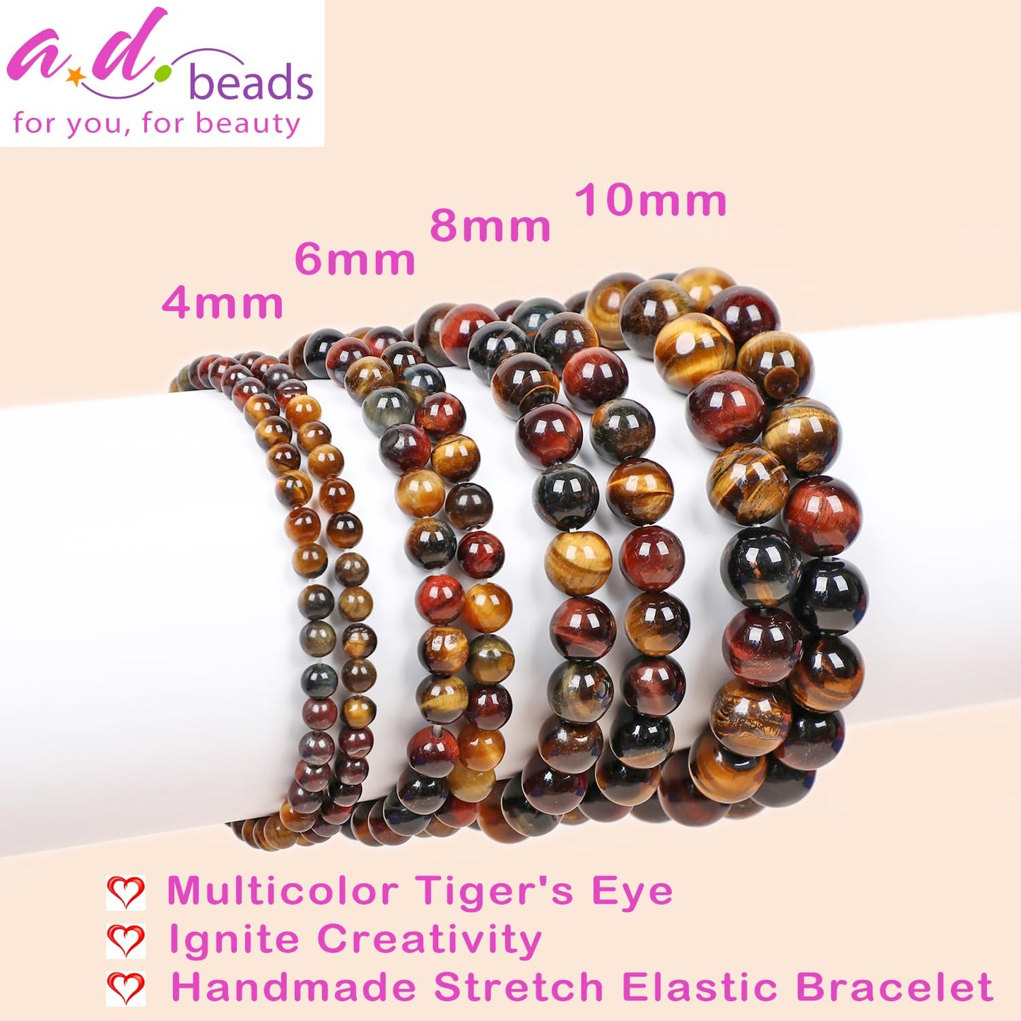 AD Beads Handmade Gemstone Stretch Elastic Bracelet Crystal Healing Reiki Nature's Beauty and Spiritual Essence Unisex (4mm, Multicolor Tiger's Eye (Ignite Creativity))