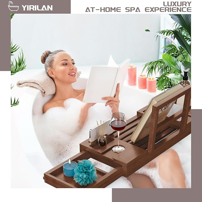 Yirilan Bamboo Bathtub Tray, Expandable Bathroom Tray,Browm