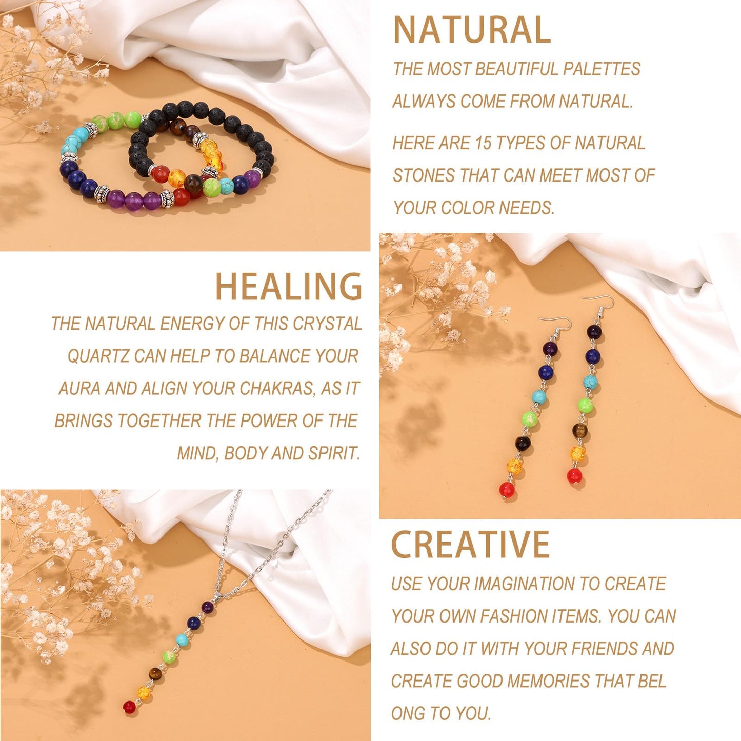 Raicegs Chakra Beads for Jewelry Making Real Natural Stone Beads for Bracelets Making Kits Healing Crystals Gemstone for Necklace Earring Making for Adult Women Men