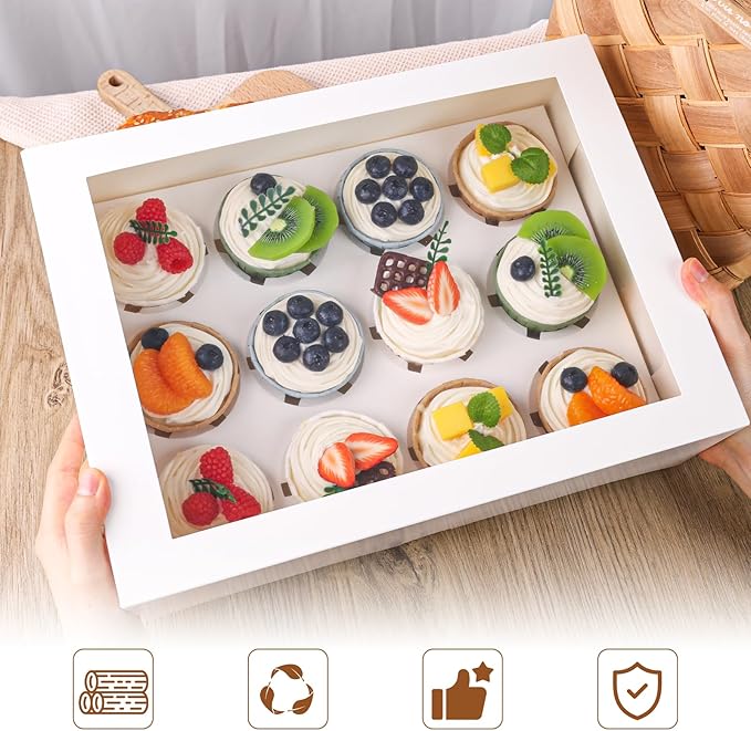 HANSGO 12 Count Cupcake Boxes, 6PCS 13"x10"x4" Cupcake Container with Window Holding 72 Pastry Box for Birthday Holiday Party Bakery Supplies