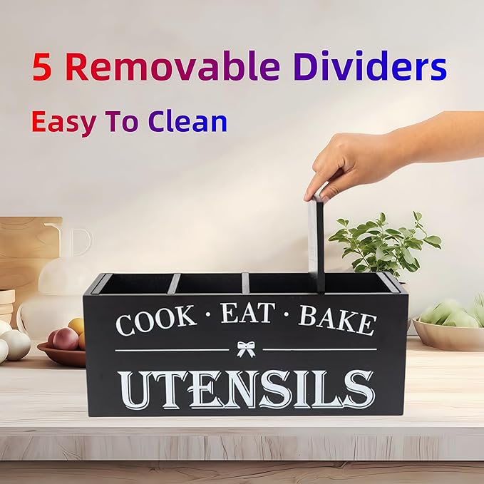 Utensil Holder,Extra Large Wooden Utensil Holder For Kitchen Counter,Cooking Spatula Organizer,Big Storage Caddy With 4 Compartments Flatware Spoon Tool Cutlery（Black）
