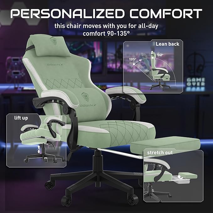 Dowinx Fabric Gaming Chair, Computer Office Chair with Pocket Spring Cushions and Lumbar Support, Ergonomic Massage Gaming Chairs with Footrest for Big and Tall, Green