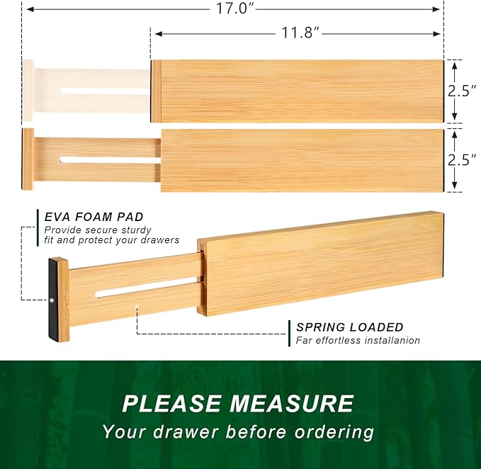 Drawer Divider for Kitchen Organization, Adjustable Bamboo Drawer Dividers Organizers (11.8-17) 4 Pack Expandable Utensil Organizers Separators for Kitchen, Bedroom & More