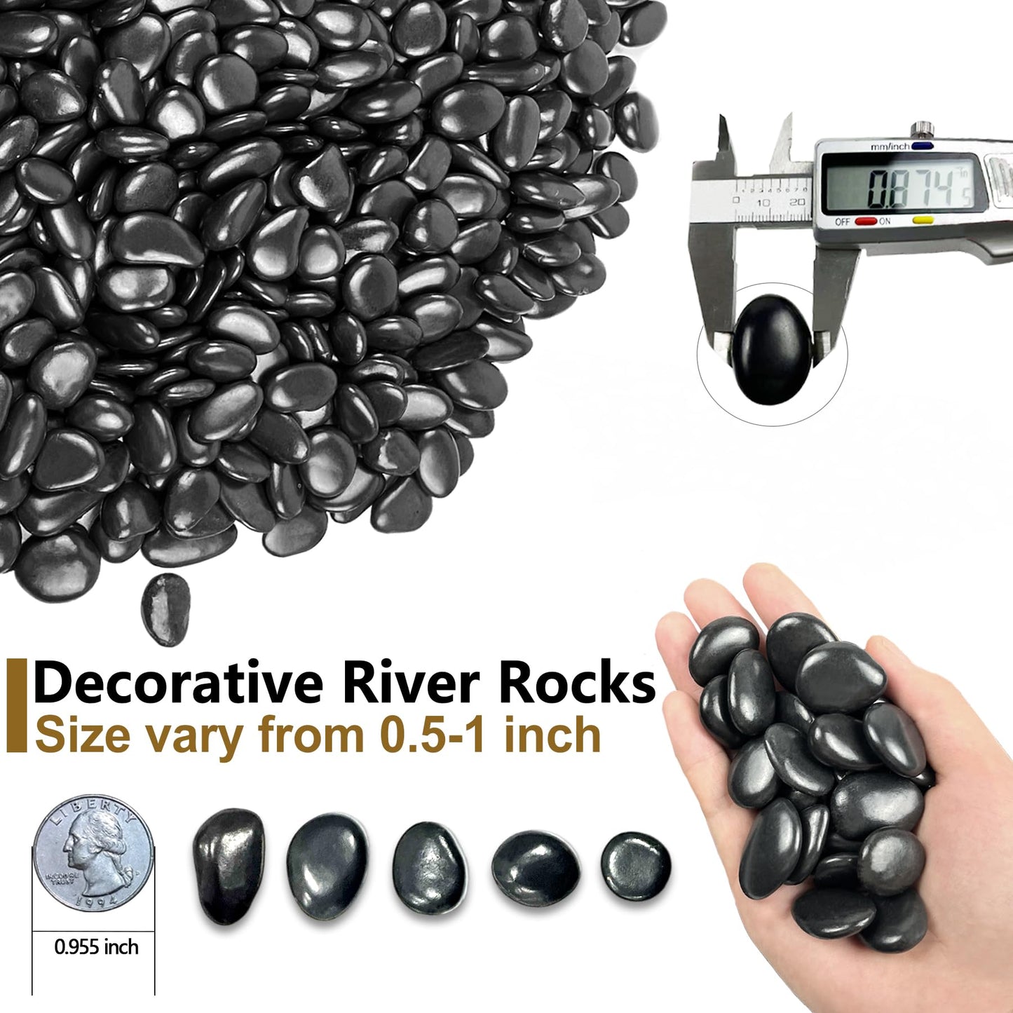 Garrdeen 45LB Black Polished River Rocks, 0.5–1.0 inch Decorative Pebbles for Garden, Smooth Stones for Aquarium, Fish Tank, Flower Pots, Indoor Water Fountains, Pathways & Backyard Landscaping
