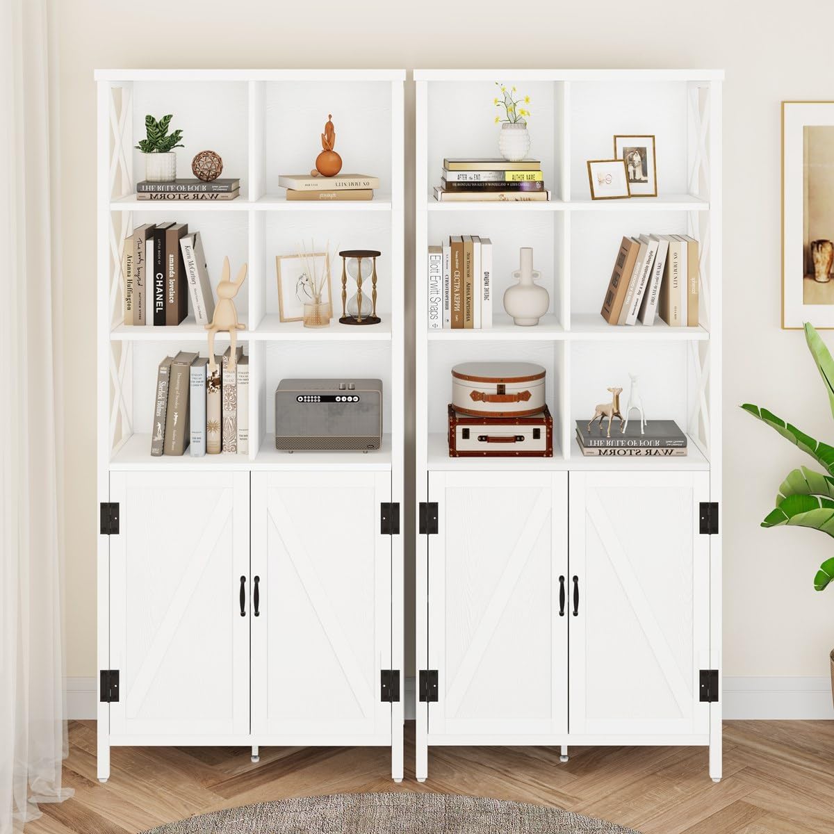 FATORRI Tall Bookshelf and Bookcase, Industrial Bookshelf with Doors, Bookcase with Storage, Cube Storage Organizer Bookshelves, Wood Book Shelf for Living Room, Home Office (White Oak, 67 Inch)