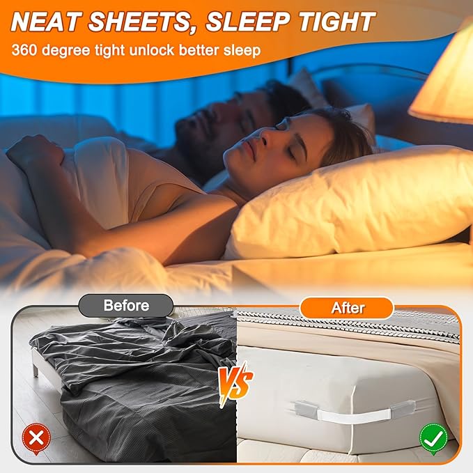 Bed Sheet Holders for Corners, 4Pcs Heavy Duty Fitted Sheet Holder with Lock Fastener Straps &Anti-Slip Pads Keep Sheets Firm&Tight, No More Loose Sheets, Easy Installation for Any Mattress (White)
