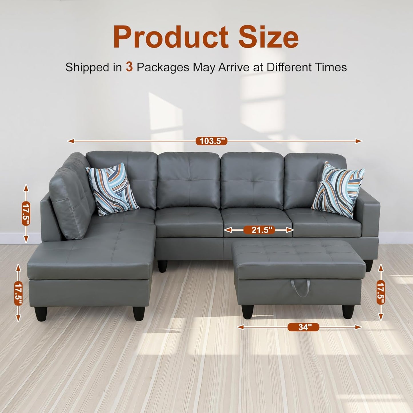 Osparple L Shaped Couch PU Leather Sectional Couches for Living Room Upholstered 3 Pieces Modular Sectional Sofa with Chaise, Ottoman with Storage for Living Room and Small Apartment, Dark Grey
