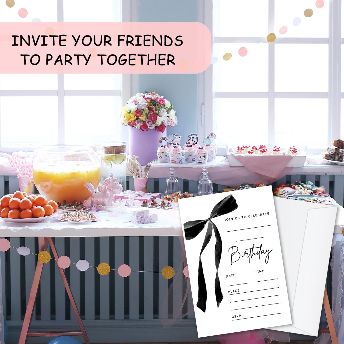Black Bow Birthday Invitations, Cute Bow Party Invitations, 20 Double-Sided Fill In Invitation with Envelopes for Girls Women, Birthday Party Decorations Favor