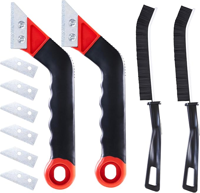 Grout Removal Tool Kit - 2 Scrapers, 6 Blades & 2 Cleaning Brushes for Tile Grout Cleaning, Grout Scraper Tool for Bathroom, Kitchen, Floor Tiles - Durable & Easy to Use