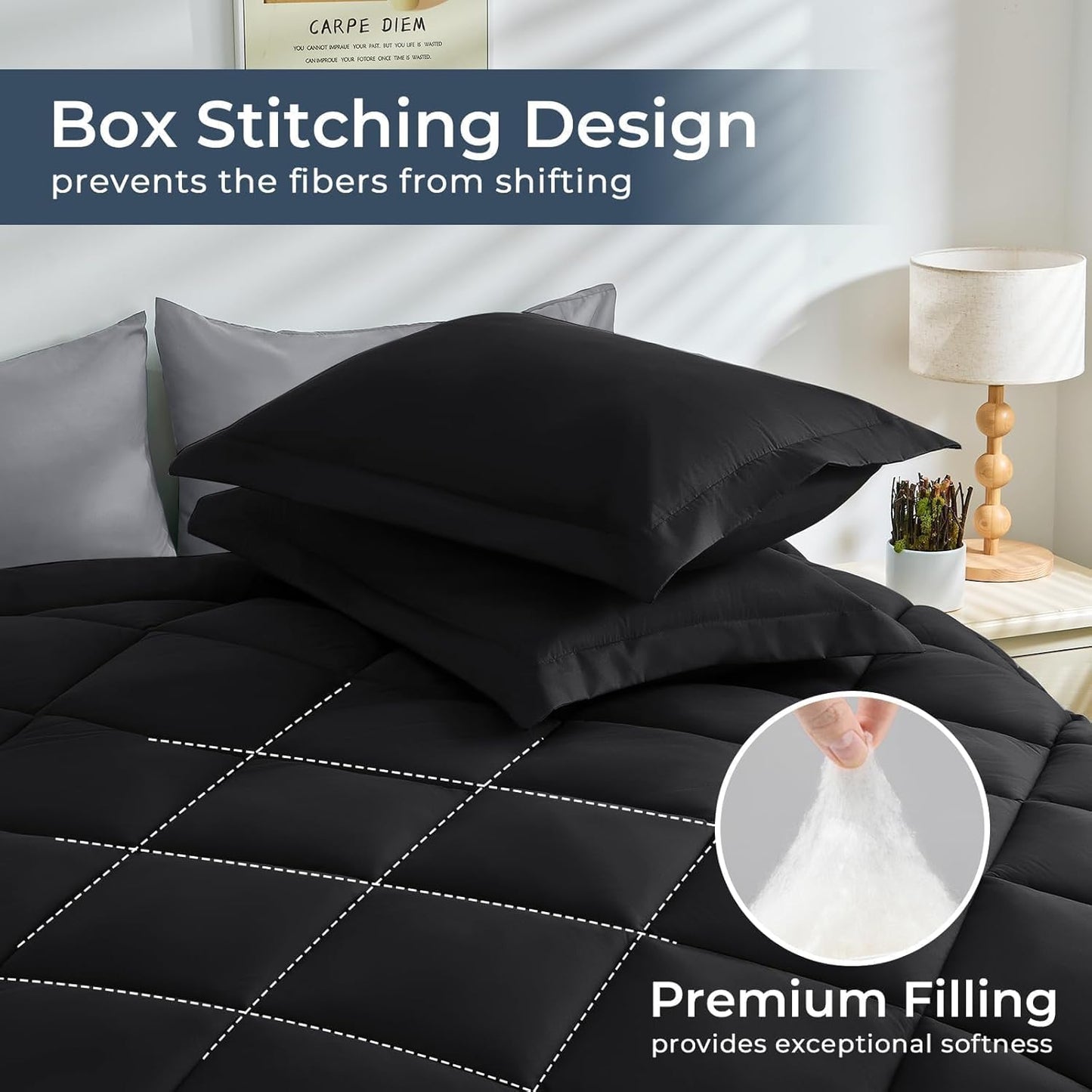 HEVUMYI Twin Comforter Set - 5-Piece All Season Bed in a Bag Twin, Ultra Soft Bedding Set with Comforter, Flat Sheet, Fitted Sheet, Pillowcases, Pillow Shams, Black & Light Grey