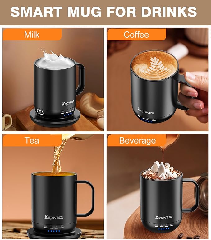 Kepwam Self Heating Coffee Mug T1-16oz Fast Heating & Ultra Long-Lasting Battery Life, Heated Coffee Mug Up to 149℉ - Touch & App Controlled Coffee Mug, Birthday Gifts for Women and Men