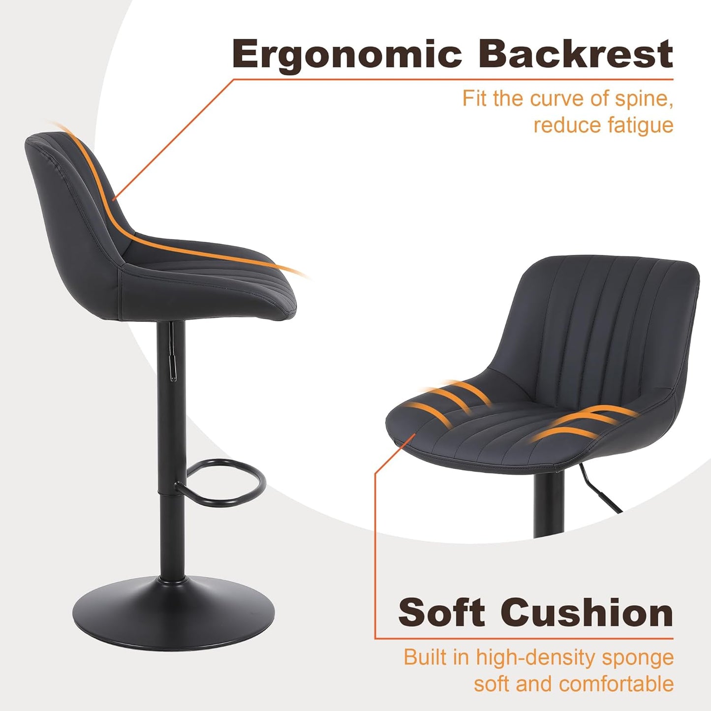Bar Stools Set of 3, Swivel Counter Height Barstools with Back, Adjustable PU Leather Bar Chairs, Modern Armless Kitchen Island Stool, Black