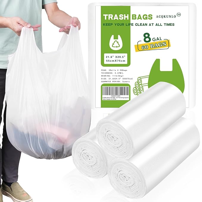 8 Gallon White-Trash-Bags Unscented Tall Kitchen - Large Plastic Garbage Bag With Handles 60Counts Recycling Office Car Medium Waste Basket Can Liner Thick Strong Acqkunlo