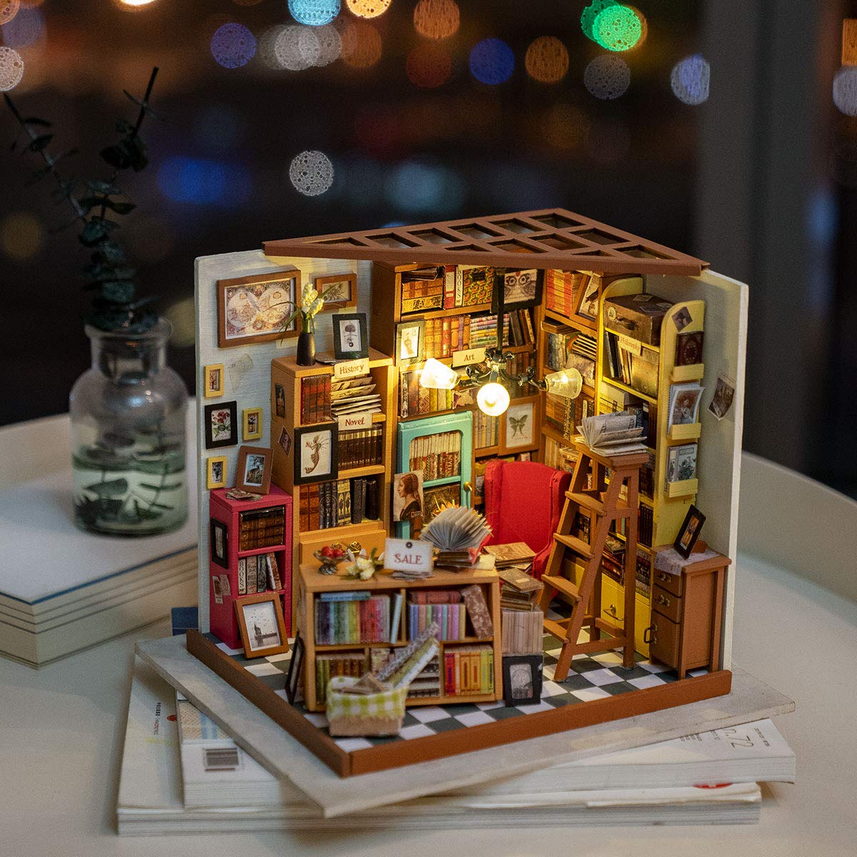 Rolife DIY Miniature Dollhouse Kit Bookstore Room Making Kit Mini Library Diorama Kit Wooden Model Building Set Hobby Christmas Birthday Gifts for Adults Women Family (Sam's Study)