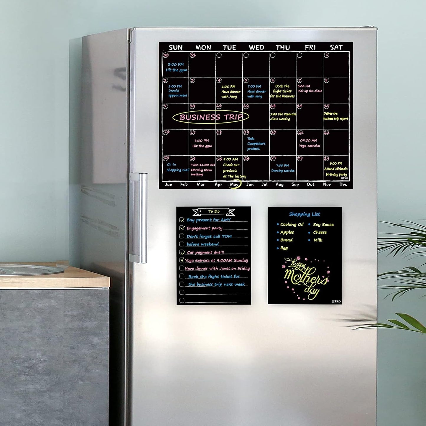 Magnetic Chalkboard Monthly Calendar with neon Bright Liquid Chalk Markers – Black Refrigerator Monthly Planning Board w/Bonus - Grocery List and Notepad for Kitchen Refrigerator