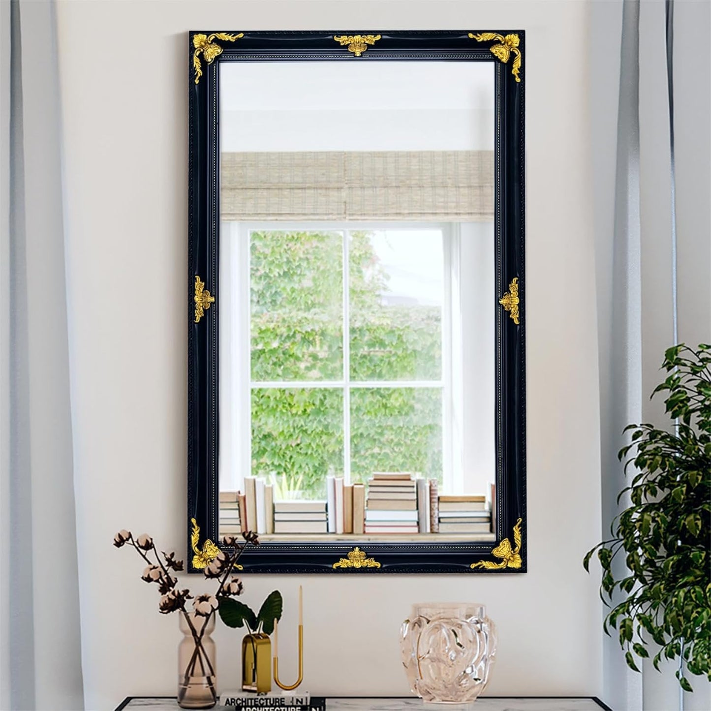 Vintage Mirror Wall Decor, 31" x 19" Black and Gold Decorative Antique Mirror with Ornate Baroque Wood Frame for Bathroom, Entryway, Living Room Over Couch