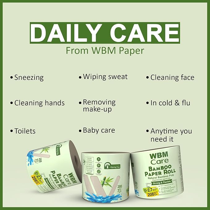 WBM Care Bamboo Paper Towels, Strong & Flexible 3-Ply, Designed for Sensitive Skin, Tree-Free, All-Natural & Healthy Bath Toilet Tissues, 200 Sheets, 20 Rolls